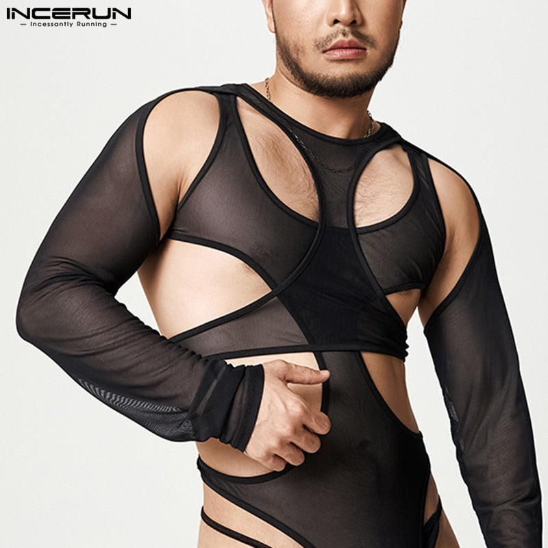 Hollow Out Solid Men Bodysuits